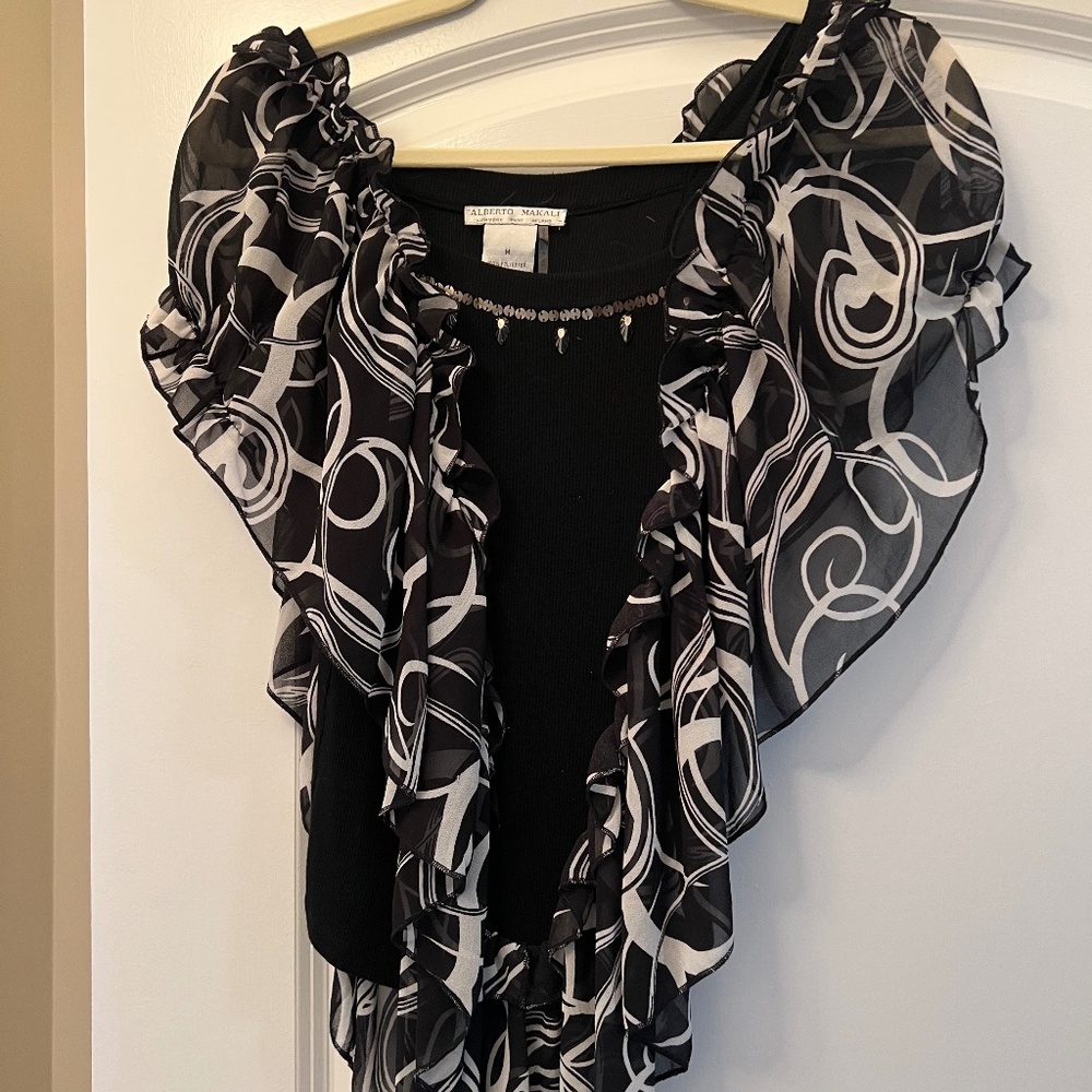 ALBERTO MAKALI BLACK BEADED TANK WITH RUFFLED BLOUSING